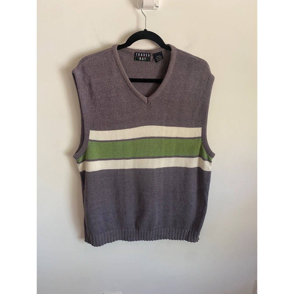 Trader Bay‎ Mens Large Cotton V-Neck Sweater Vest Grey Green Striped Made in USA